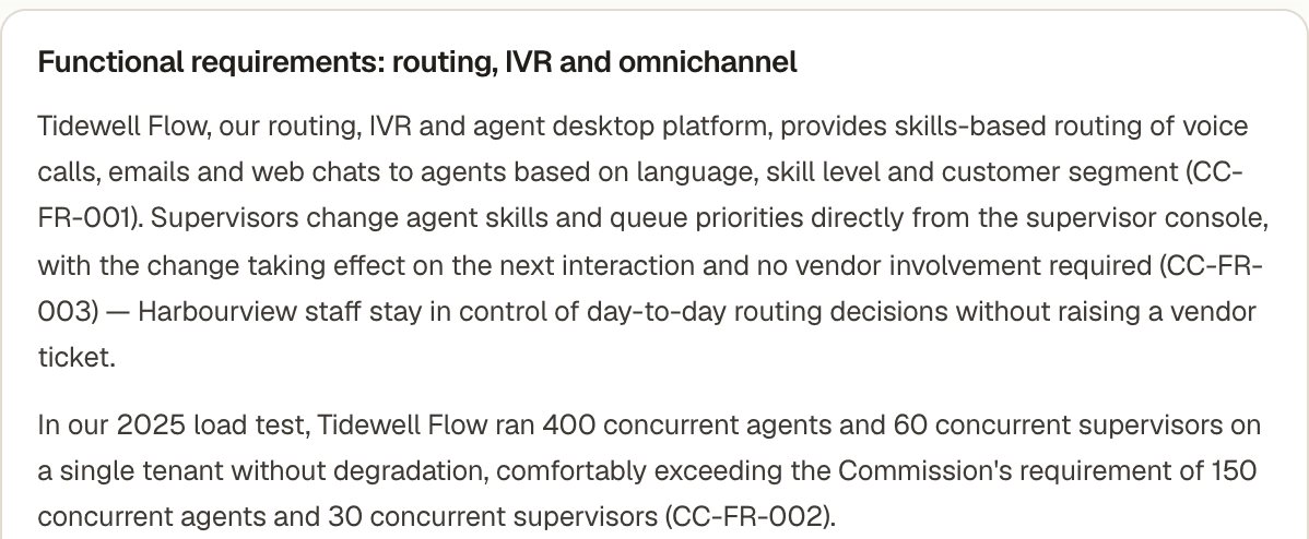 Two drafted paragraphs of the functional requirements section, each naming the requirement it answers, such as CC-FR-001 and CC-FR-002