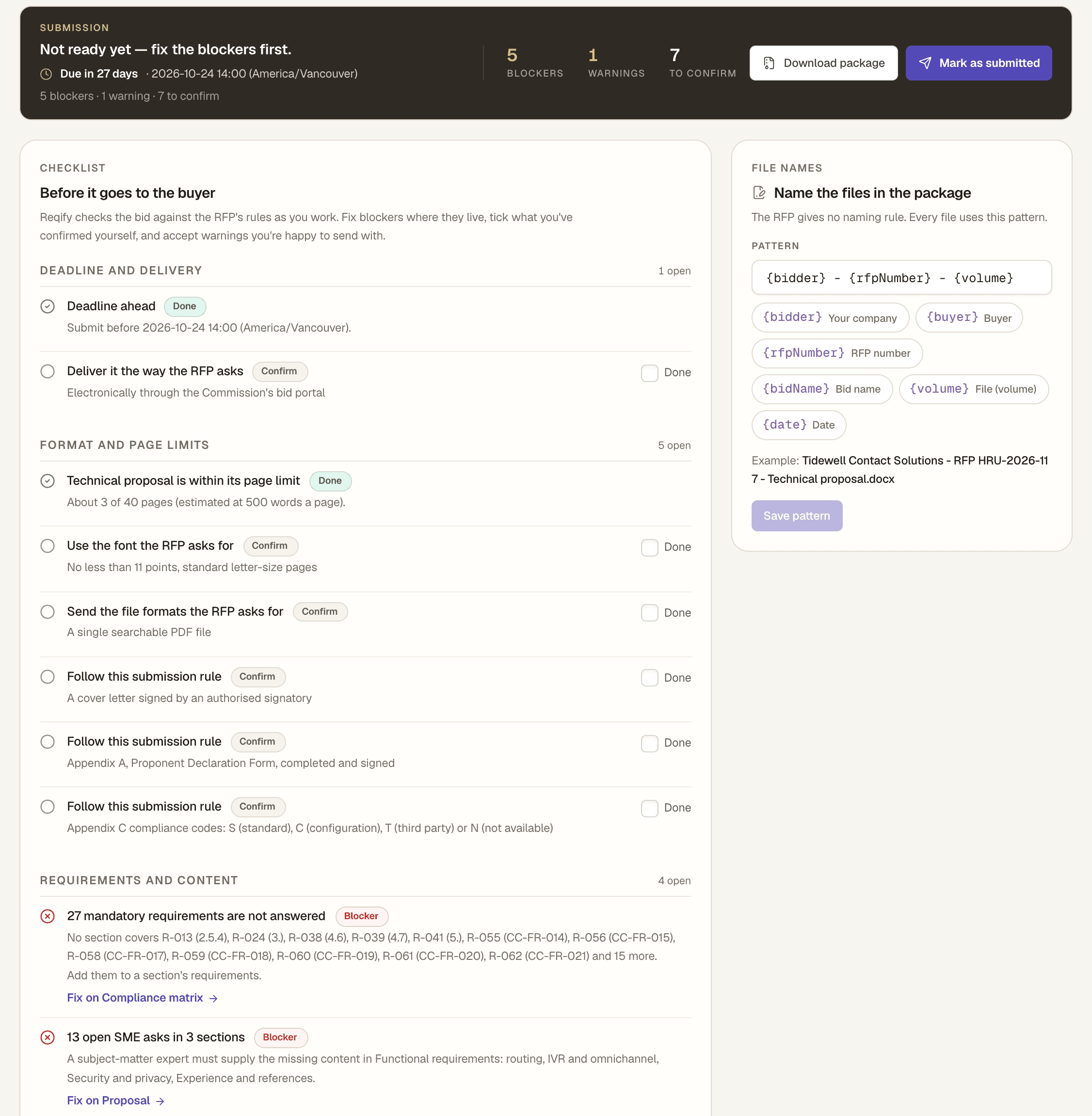 The Submission tab: a header counting 5 blockers, 1 warning and 7 checks to confirm, the checklist grouped by deadline and delivery, format and page limits, and requirements and content, and a file-naming pattern panel