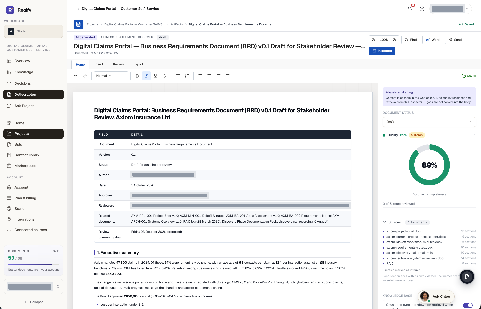 Reqify document editor with a business requirements document, Word export and review inspector; personal names redacted